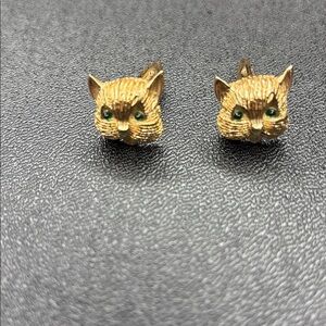 Gold tone Cat cufflinks with Green Eyes